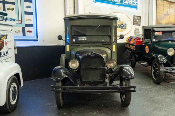 A photo showing the exterior of a 1930 Ford Model A USPS truck from a front angle.
