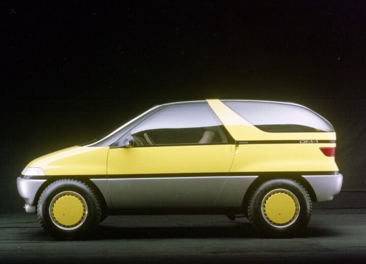 The 1990 Ford Bronco DM-1, shown from the side. The vehicle was a strange off-road concept created by an art student.