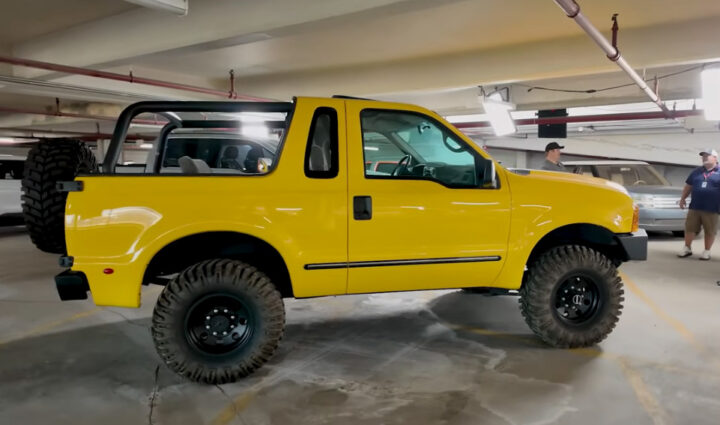 Video still of the 1998 Ford Bronco concept, which was built on the bones of a Ford Super Duty, chopped to be turned into a two-door Bronco. 