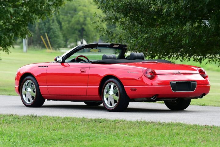 A photo showing the exterior of a 2002 Ford Thunderbird from a rear three quarters angle.