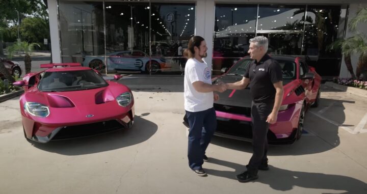 A photo showing the exterior of a Ford Mustang GTD finished in Beauberry Pink from a front three quarters angle.