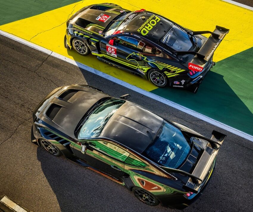 A photo showing the exterior of the Ford Mustang GTD Liquid Carbon and GT3 from a top down angle.