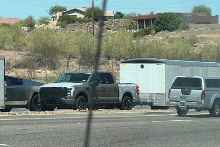 A photo showing the exterior of a Ford F-150 Lightning prototype from a front three quarters angle.