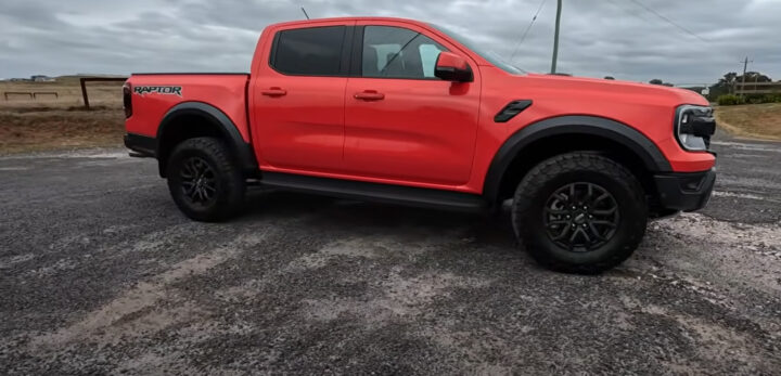 Video still of the 2025 Ford Ranger Raptor, which beat the 2024 Ford F-150, but just barely. Both pickups are comparable in terms of size and power.