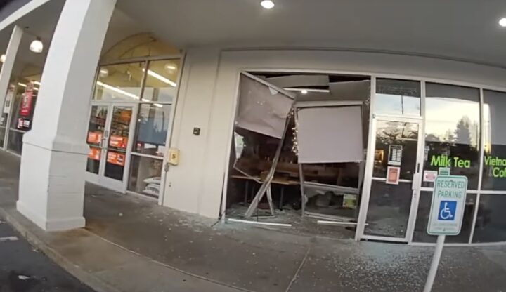 A photo of damage caused by a Mercury Montego that ran into a restaurant.