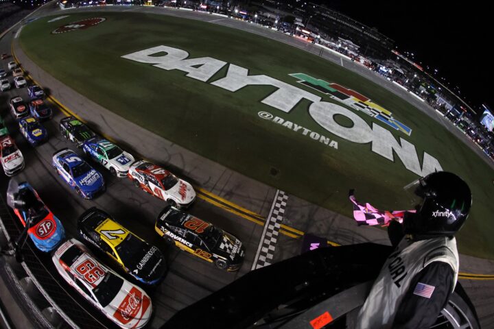 Photo of the finish at Daytona, showing the No. 12 NASCAR Ford of Ryan Blaney in front. It was Ford's first win since early June. 