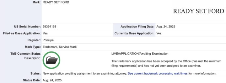 A trademark filing for Ready Set Ford.