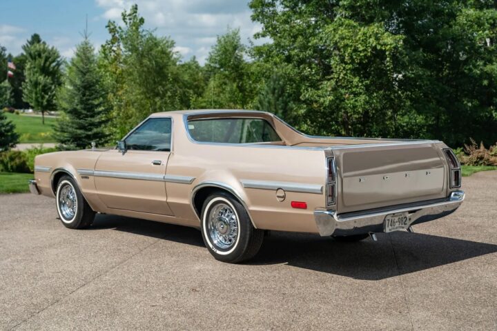 A photo showing the exterior of a 1978 Ford Ranchero from a rear three quarters angle.