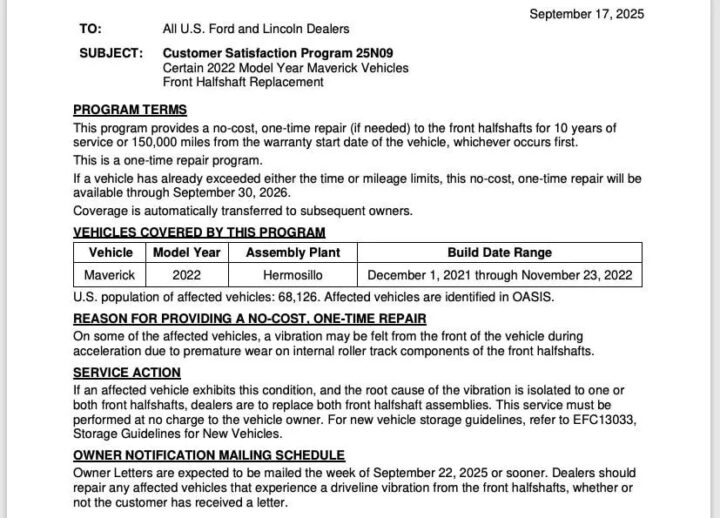A Customer Satisfaction Program addressing half shaft issues with the 2022 Ford Maverick.