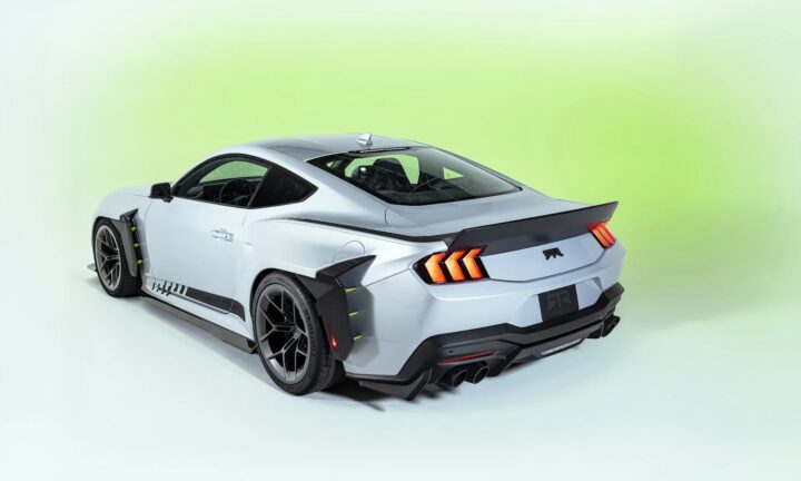 A photo showing the exterior of the 2026 Ford Mustang RTR Spec 5 from a rear three quarters angle.