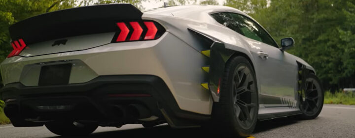 Video still of the 2026 Ford Mustang RTR Spec 5, seen from a rear three-quarters angle. A lot of engineering and design work went into the high-performance pony. 
