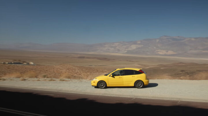 Video still of the 2004 Ford Focus SVT in Death Valley as part of Donut's inexpensive vehicle cross country challenge. 