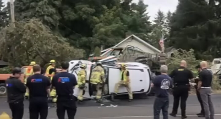 Video still of the Ford Escape that struck the parked monster truck on its side. The driver was intoxicated, but was not seriously injured in the crash.