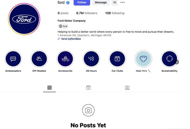 A photo showing the official Ford Instagram page.