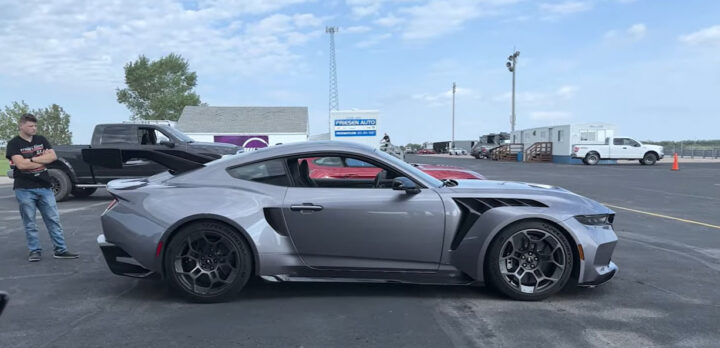 Video still of the Ford Mustang GTD from Late Model Restoration, shown parked from a side view. The track-ready pony is right at home both on the street and on a closed course.