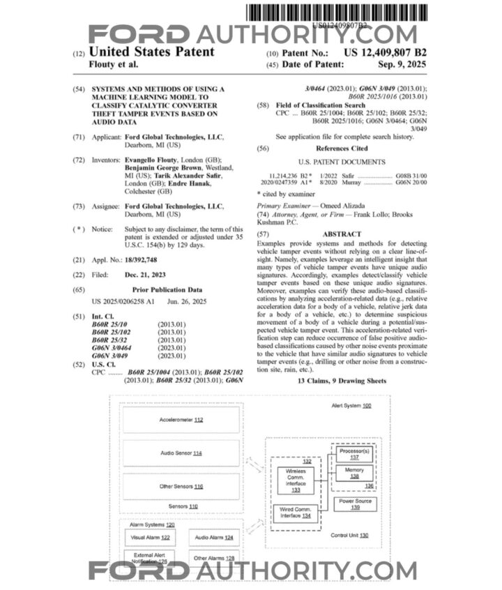 A Ford patent for an audio based catalytic converter theft detection system.
