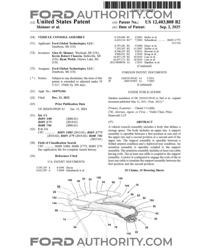 A Ford patent for a center console with a deployment tray.