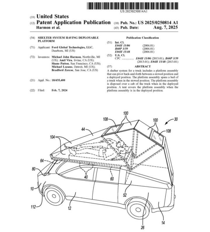 A Ford patent for a bed-mounted deployable shelter system for pickups.