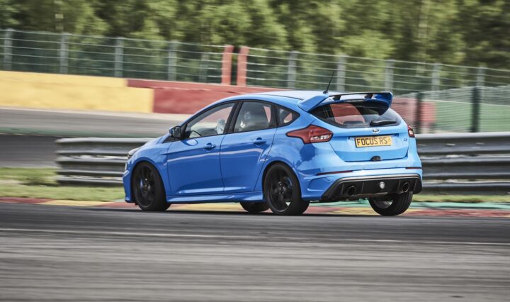 A photo showing the exterior of a Ford Focus RS from a rear three quarters angle.