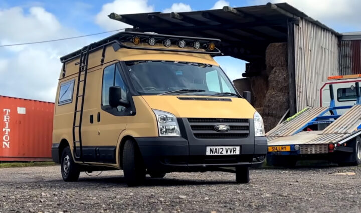 Video still of the Ford Transit van wearing its new roof rack, the latest in a long line of upgrades by its owner, Will.