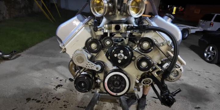 Video still of the Ford V10 pulled out of the Lincoln Continental. Unfortunately, the engine blew. 