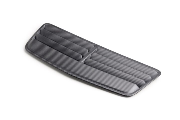 A photo showing the S650 Ford Mustang carbon fiber hood vent in a matte finish.