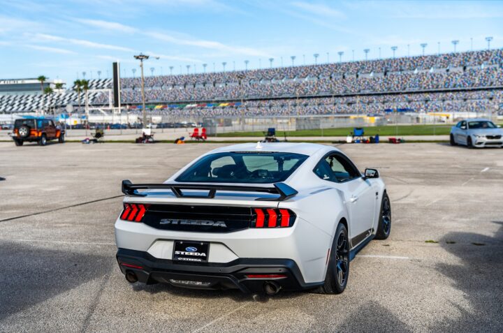 A photo showing the exterior of the Steeda Q500 Enforcer Mustang from a rear three quarters angle.