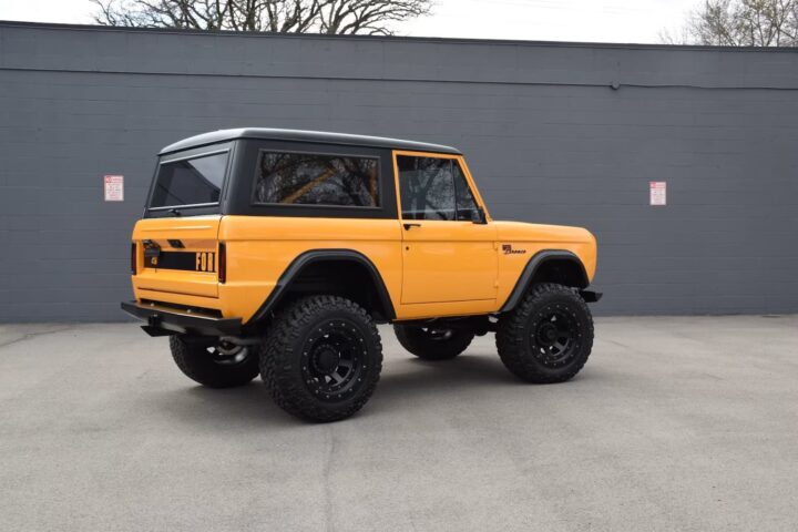 A photo showing the exterior of a 1970 Ford Bronco from a rear three quarters angle.