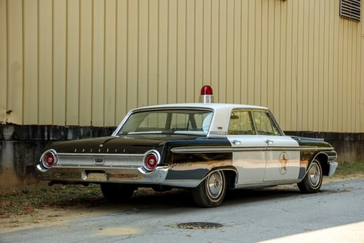 A photo showing the exterior of a 1962 Ford Galaxie Mayberry Sheriff Tribute from a rear three quarters angle.