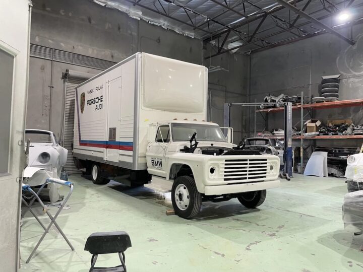 A photo showing the exterior of a 1970 Ford F-600 car hauler from a front three quarters angle.