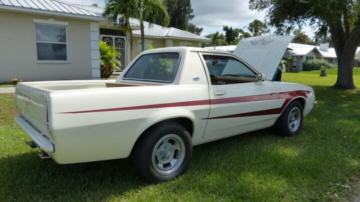 A photo showing the exterior of a custom 1980 Ford Pinto pickup from a rear three quarters angle.