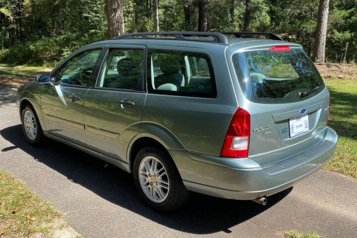 A photo showing the exterior of a 2005 Ford Focus wagon from a rear three quarters angle.