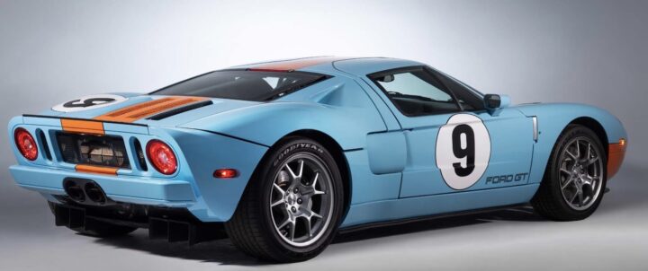 A photo showing the exterior of the 2006 Ford GT Heritage Edition from a rear three quarters angle.