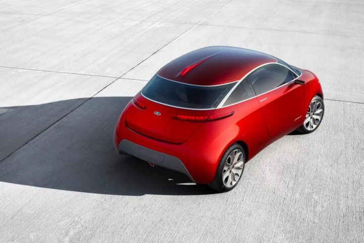 A photo of the 2010 Ford Start concept, seen from a rear three-quarters angle. The concept harnessed a tiny 1.0L Engine. 