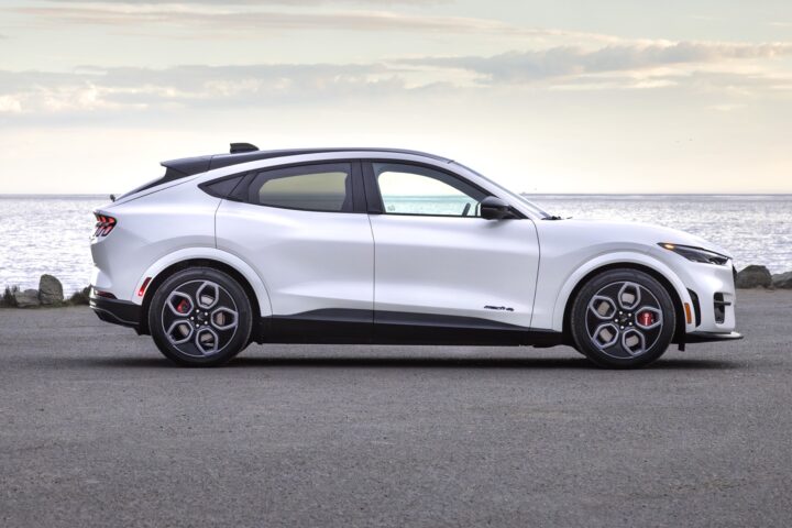 A side view of the 2026 Ford Mustang Mach-E GT California Special, showing off its unique wheels. The bundle joins the electric Mustang lineup for the first time.