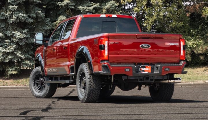 A photo showing the exterior of the 2026 Roush Super Duty from a rear three quarters angle.