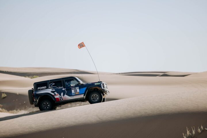 A photo showing the exterior of a Ford Bronco at the Rebelle Rally from a side angle.