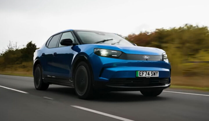 Video still of Richard Hammond driving the Ford Capri EV. Surprisingly, he's not upset about the vehicle's nameplate. 
