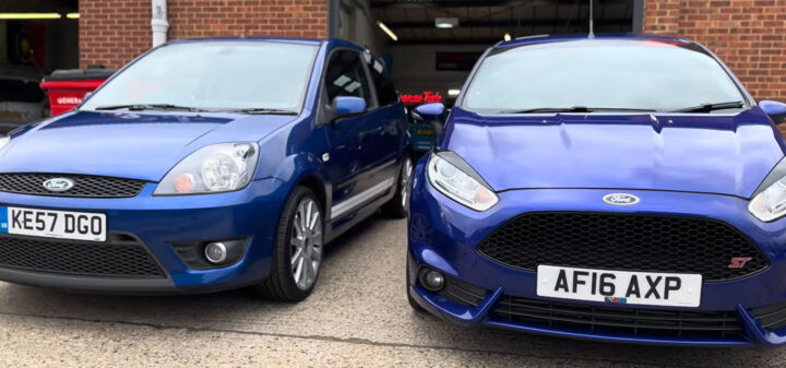 A video still of the two Ford Fiesta ST models right next to one another. They're both fun vehicles, but the Mk7 just feels more modern.