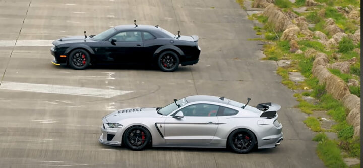 Video still of the Ford Mustang on track against the Dodge Challenger. The Mustang had a surprisingly tough time keeping up. 