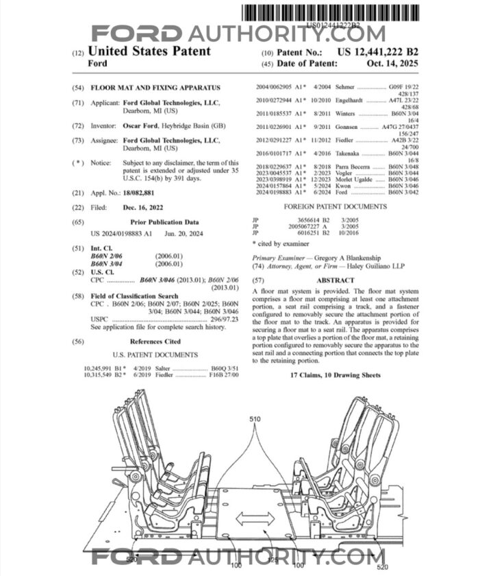 A Ford patent filing for a floor mat and fixing apparatus.
