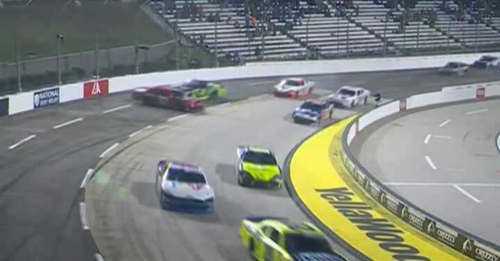 Video still showing NASCAR Ford driver Sam Mayer drilling a Chevy competitor into the wall at Martinsville. Mayer was suspended for his actions.