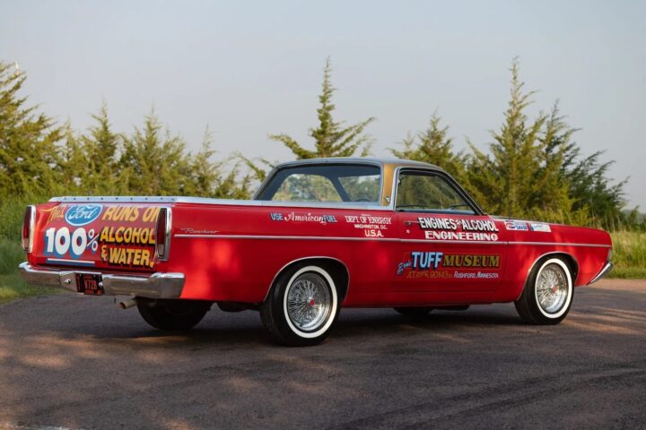 A photo showing the exterior of a 1968 Ford Ranchero from a rear three quarters angle.