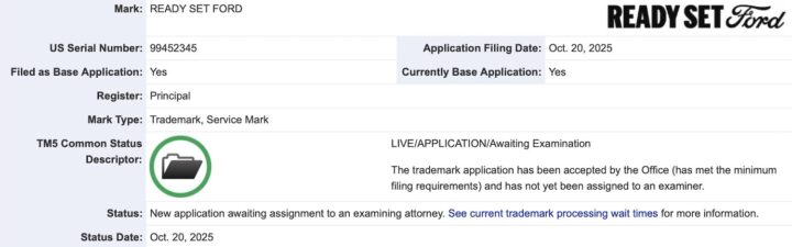 A trademark filing for Ready Set Ford.